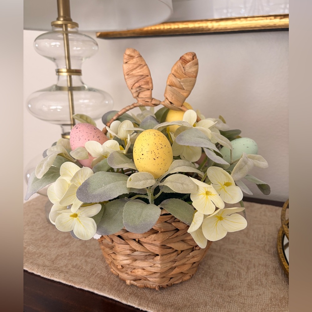 Easter Bunny Woven Basket with bunny ears/  Floral Accents and Easter eggs 🐰🤍